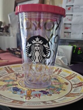 Starbucks Pink Lid Iridescent Clear Tumbler with Gold XOXO